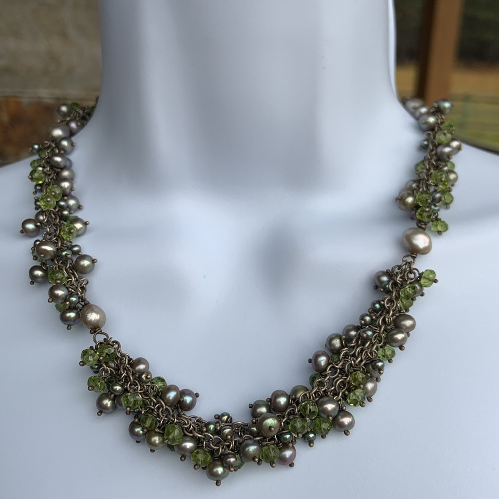 Clustered Gray Pearl & Peridot Bead Sterling Silver Necklace